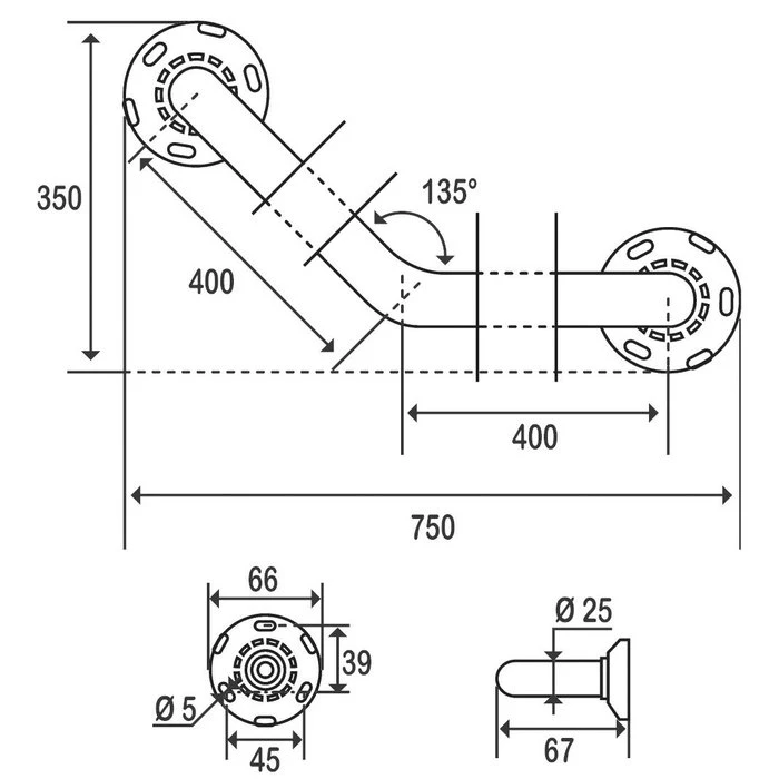 Barre D'appui Coudée à 135° - 400 X 400 Mm - Ø 25 Mm - Laiton Nickelé Chromé - Pellet ASC – Image 2