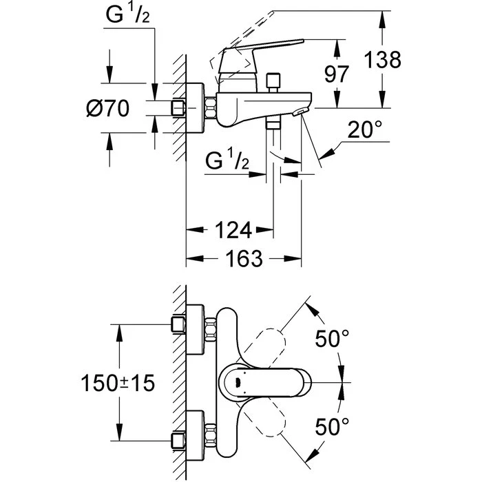 Mitigeur Bain Douche Mural - Entraxe 150 Mm - Eurosmart Cosmopolitan - Grohe – Image 2